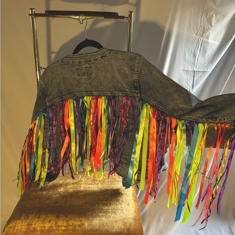 Rainbow Ribbon Fringe Denim Jacket